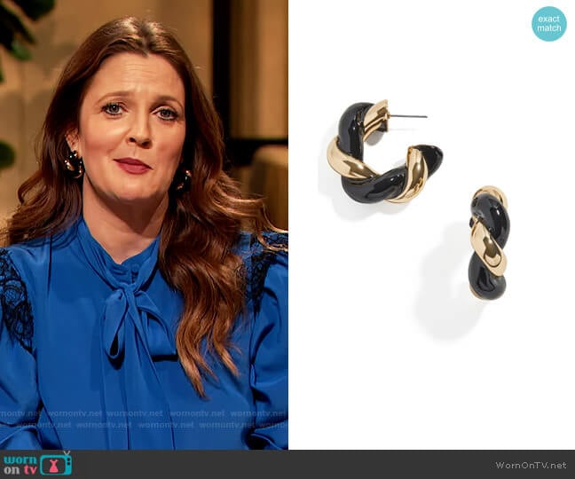 Two-Tone Twisted Hoop Earrings by Baublebar worn by Drew Barrymore on The Drew Barrymore Show