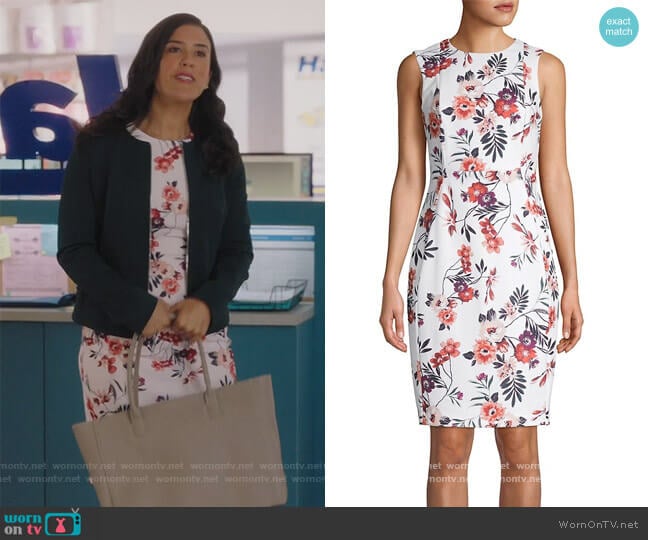 Floral Sheath Dress by Calvin Klein worn by Shannon Ross (Nicole Power) on Kims Convenience