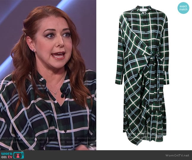 Plaid Check Wrap Silk Dress by Christian Wijnants worn by Alyson Hannigan on The Kelly Clarkson Show