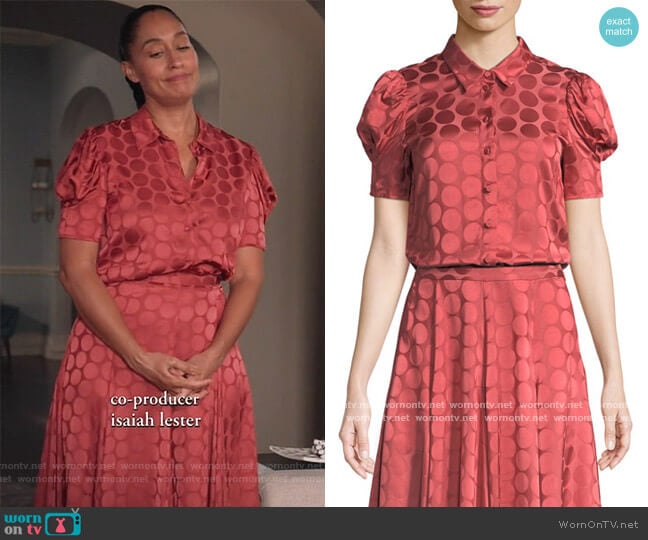 Button-Front Short-Sleeve Tonal Dot Satin Blouse and Skirt by Co worn by Rainbow Johnson (Tracee Ellis Ross) on Black-ish