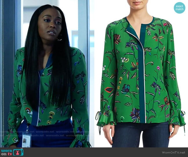 Floral Silk Bell-Sleeve Blouse by Derek Lam 10 Crosby worn by Anissa Pierce (Nafessa Williams) on Black Lightning