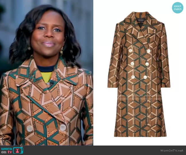 Double-Breasted Metallic Jacquard Coat by Gucci worn by Deborah Roberts on Good Morning America