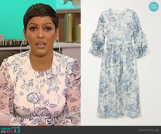 Adriana belted ruffled floral-print silk-voile midi dress by Erdem worn by Tamron Hall on Tamron Hall Show