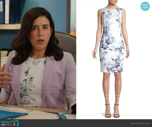 Floral Sheath Dress by Calvin Klein worn by Shannon Ross (Nicole Power) on Kims Convenience