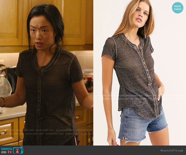 Kia Henley T-Shirt by Free People worn by Janet (Andrea Bang) on Kims Convenience