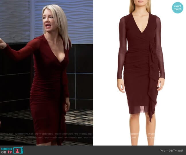 Ruched Ruffle Long Sleeve Dress by Fuzzi worn by Nina Reeves (Cynthia Watros) on General Hospital