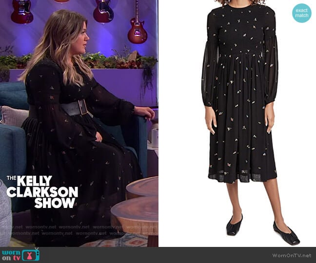 Printed Georgette Dress by Ganni worn by Kelly Clarkson on The Kelly Clarkson Show