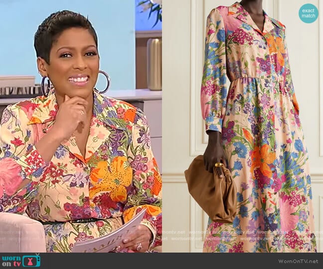 + Ken Scott appliquéd floral-print metallic georgette shirt dress by Gucci worn by Tamron Hall on Tamron Hall Show