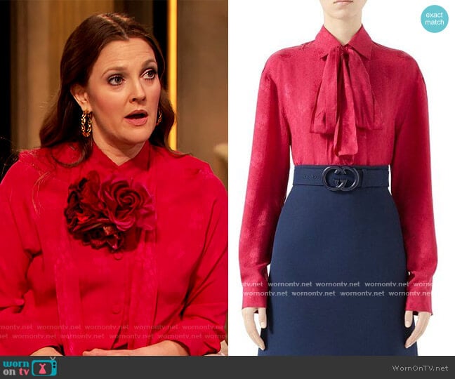 Tie Neck Blouse by Gucci worn by Drew Barrymore on The Drew Barrymore Show