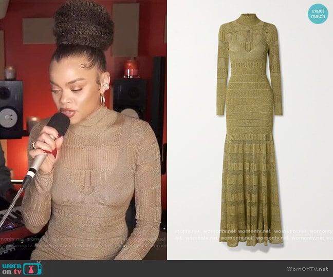 Pointelle-trimmed metallic stretch-knit turtleneck gown by Herve Leger worn by Andra Day on The View