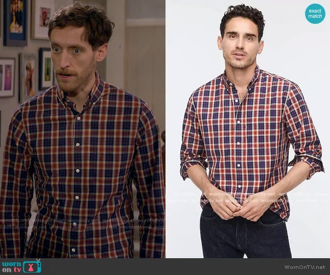 J.Crew Slim Stretch Secret Wash Cotton Poplin Shirt In Plaid worn by Drew Dunbar (Thomas Middleditch) on B Positive