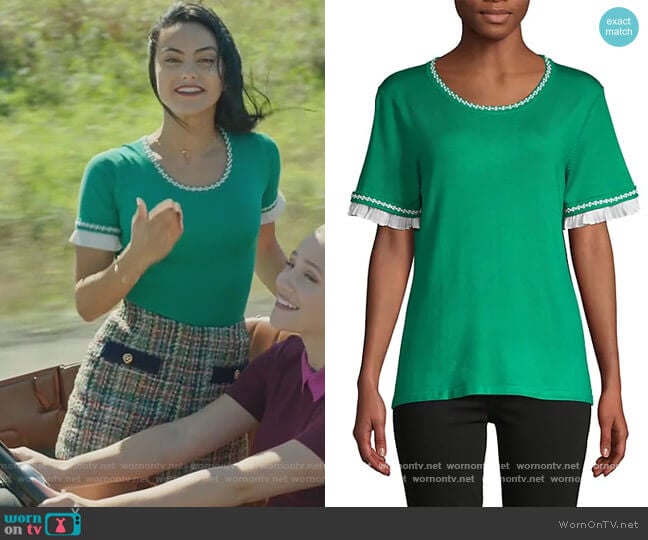 Ruffle & Embroidery-Trim Short-Sleeve Sweater by Karl Lagerfeld Paris worn by Veronica Lodge (Camila Mendes) on Riverdale