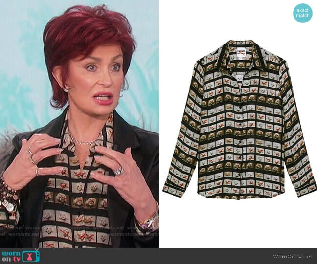 Nina Film Roll Washed Silk Blouse by L'Agence worn by Sharon Osbourne on The Talk