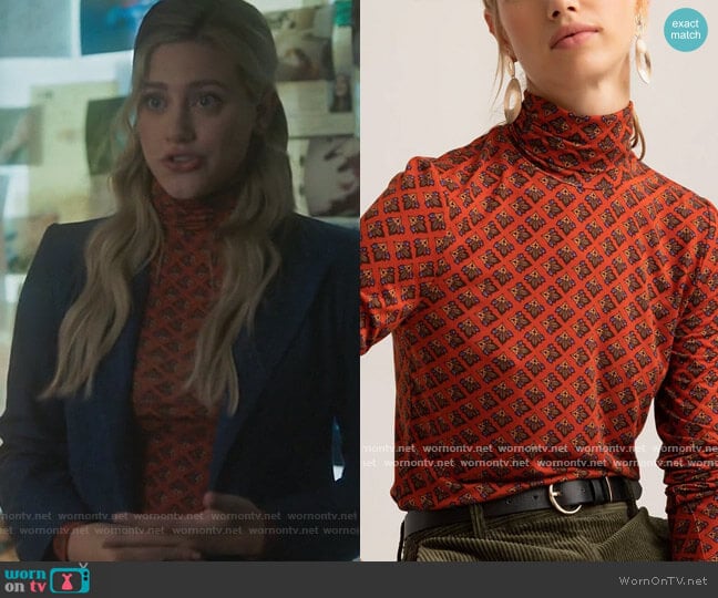 Printed Turtleneck Sweater by Le Redoute worn by Betty Cooper (Lili Reinhart) on Riverdale