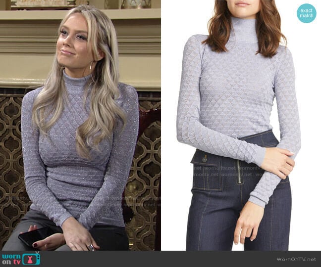 Lilette Metallic Pointelle Turtleneck by Cinq a Sept worn by Abby Newman (Melissa Ordway) on The Young and the Restless