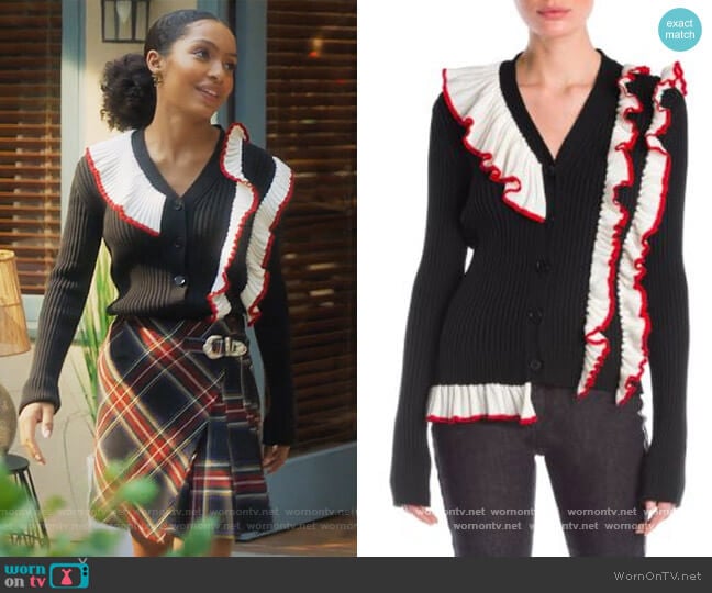 Black Cardigan with Contrasting Ruffle by MSGM worn by Zoey Johnson (Yara Shahidi) on Grown-ish