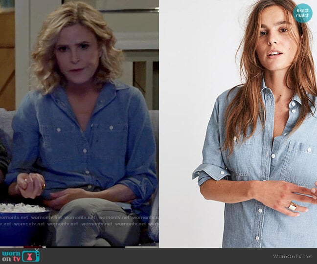 Madewell Chambray Oversized Ex-Boyfriend Shirt worn by Jean Raines (Kyra Sedgwick) on Call Your Mother