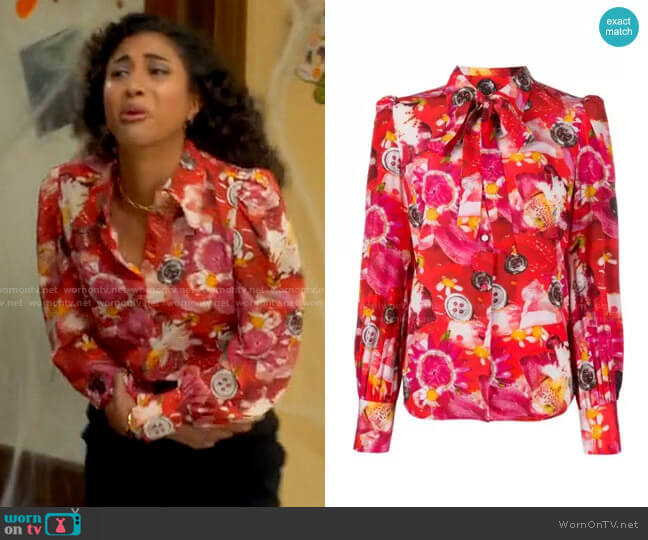 Marc Jacobs Tie neck floral print silk blouse worn by Mikaela Shaw (Vella Lovell) on Mr Mayor
