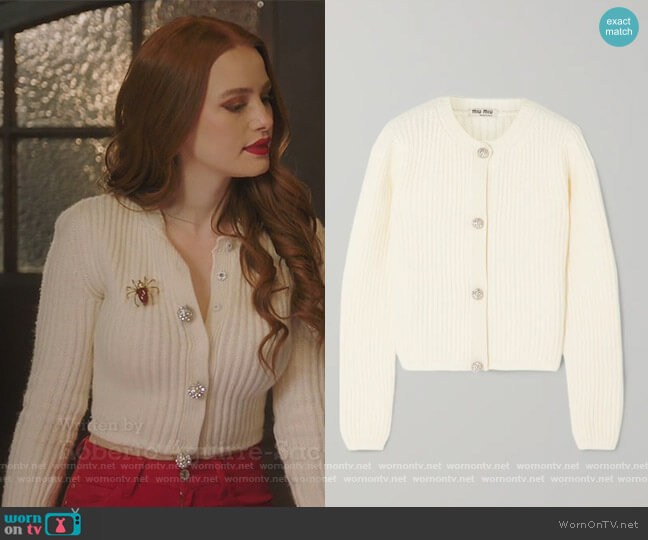 Cropped Crystal-embellished Ribbed Cashmere Cardigan by Miu Miu worn by Cheryl Blossom (Madelaine Petsch) on Riverdale