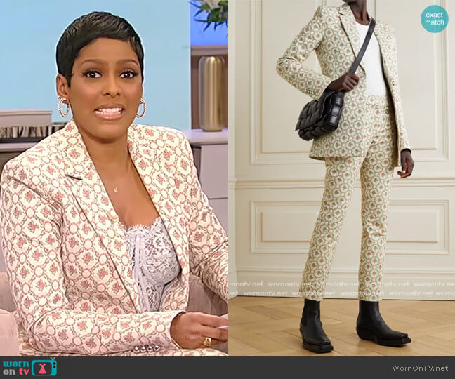 Quilted cotton-blend floral-jacquard blazer and pants by Paco Rabanne worn by Tamron Hall on Tamron Hall Show