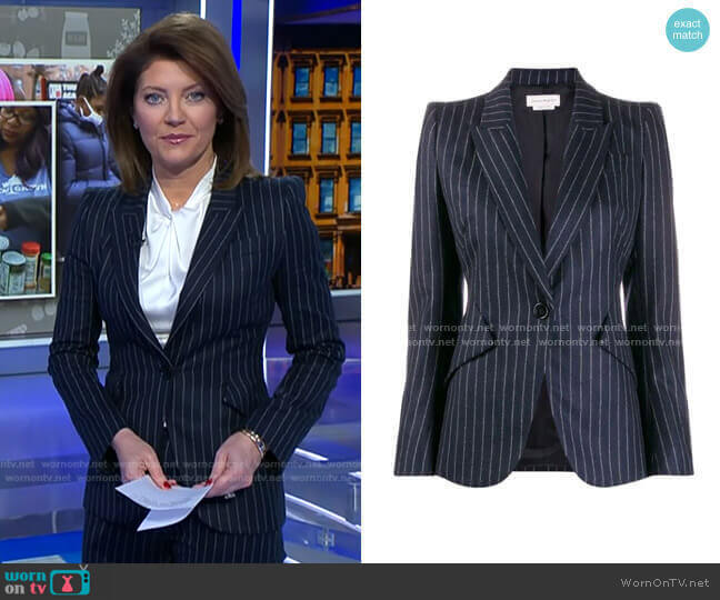 Pinstripe Wool Blazer by Alexander Mcqueen worn by Norah O'Donnell  on CBS Evening News