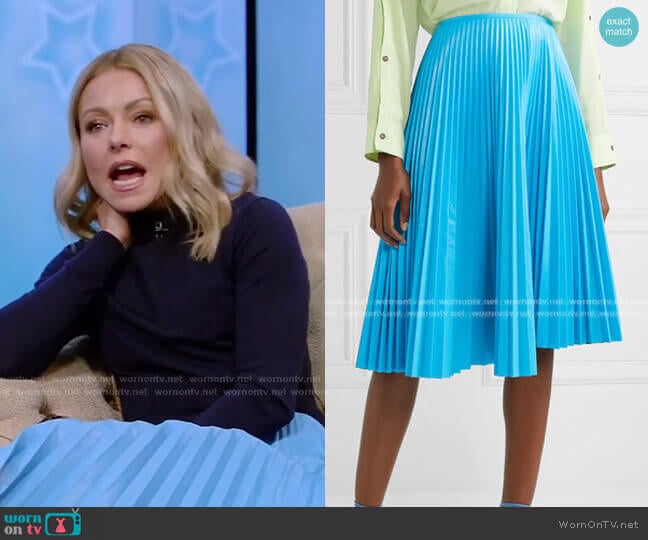 Pleated Faux Leather Skirt by Cedric Charlier worn by Kelly Ripa on Live with Kelly and Mark