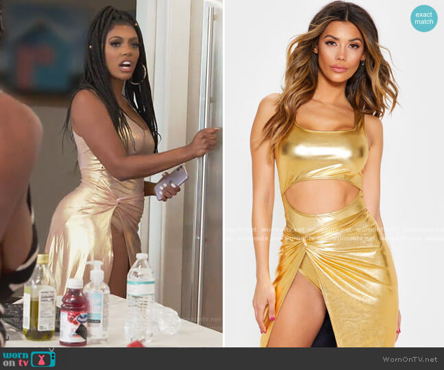 Gold Metallic Slinky Neck Cutout Bodysuit and Skirt by Pretty Little Thing worn by Porsha Williams on The Real Housewives of Atlanta