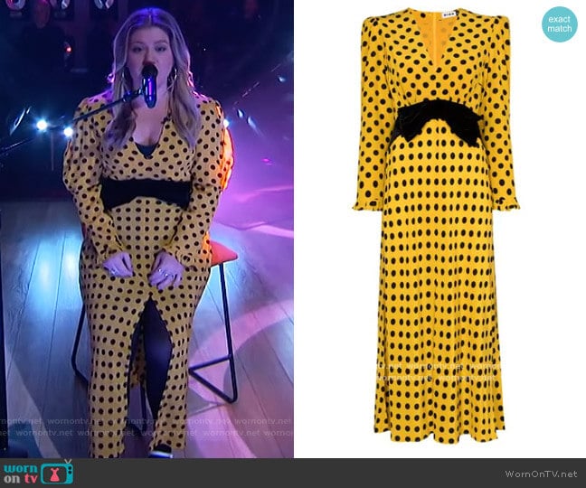 Elodie Polka Dot Bowtie Dress by Rixo worn by Kelly Clarkson on The Kelly Clarkson Show