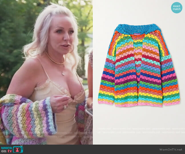 Hooded metallic striped crocheted cardigan by Rose Carmine worn by Margaret Josephs  on The Real Housewives of New Jersey