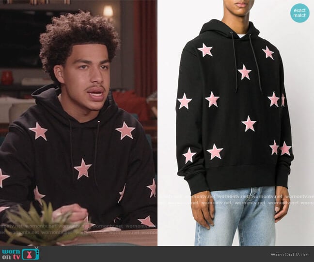 Embroidered Star Patch Hoodie by Sandro worn by Andre Johnson Jr (Marcus Scribner) on Black-ish