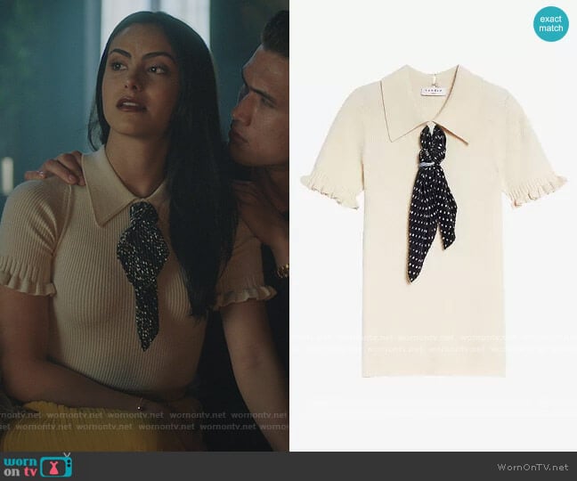 Tym contrast neck-tie wool-blend jumper by Sandro worn by Veronica Lodge (Camila Mendes) on Riverdale