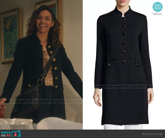 Santana Button-Front Long Military Jacket by St. John Collection worn by Jessica Lucas on The Resident