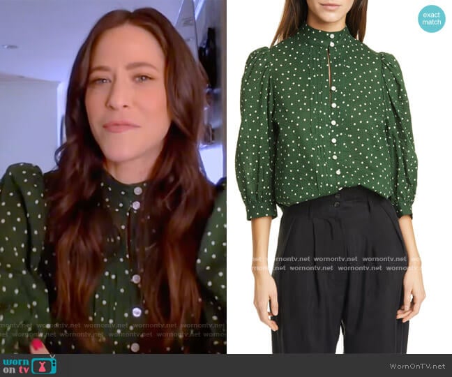 Frontier Dot Puff Sleeve Cotton Blouse by Smythe worn by Jackie Tohn on The Kelly Clarkson Show