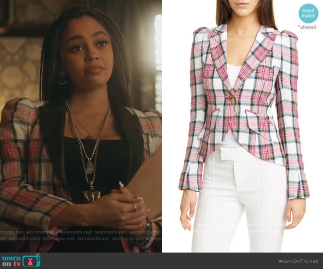 Plaid Puff Sleeve Linen Blazer by Smythe worn by Toni Topaz (Vanessa Morgan) on Riverdale