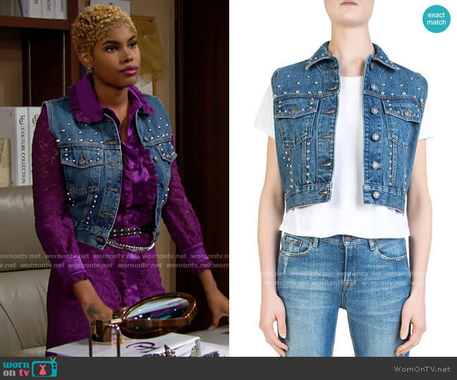 The Kooples Cropped Studded Denim Vest  worn by Paris Buckingham (Diamond White) on The Bold and the Beautiful