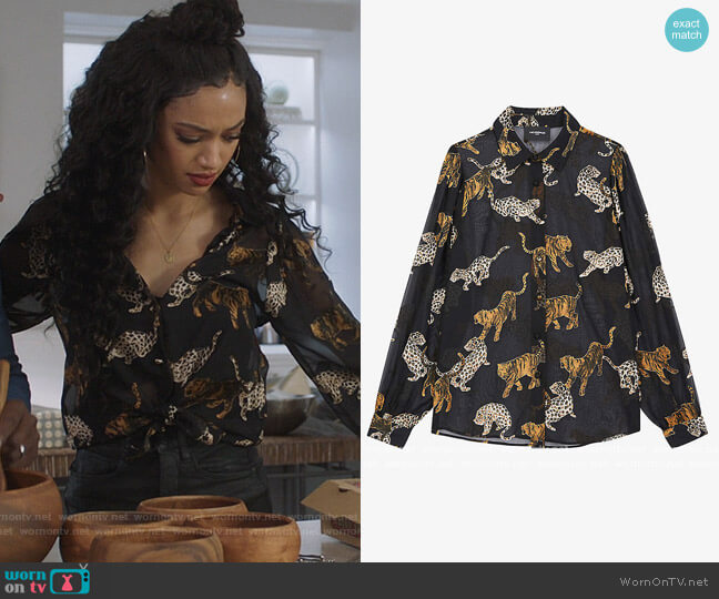 Tiger-print semi-sheer chiffon shirt by The Kooples worn by Olivia Baker (Samantha Logan) on All American