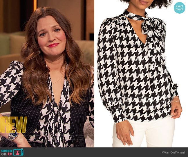 Demming Houndstooth Top by Trina Turk worn by Drew Barrymore on The Drew Barrymore Show