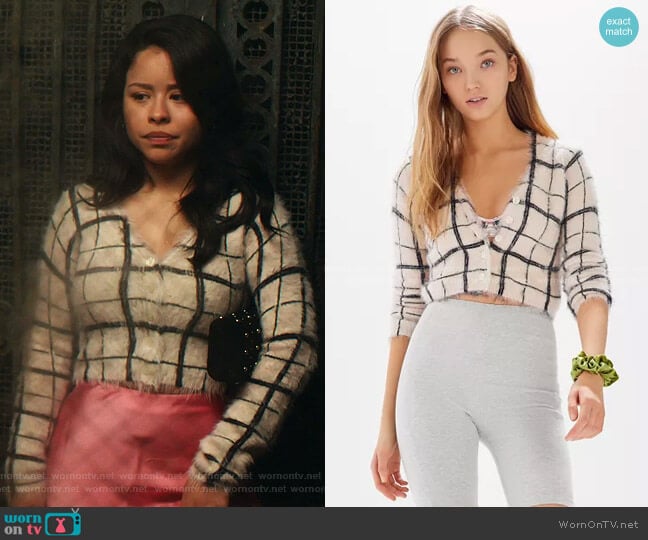 Cher Fuzzy Plaid Cropped Cardigan by Urban Outfitters worn by Mariana Foster (Cierra Ramirez) on Good Trouble