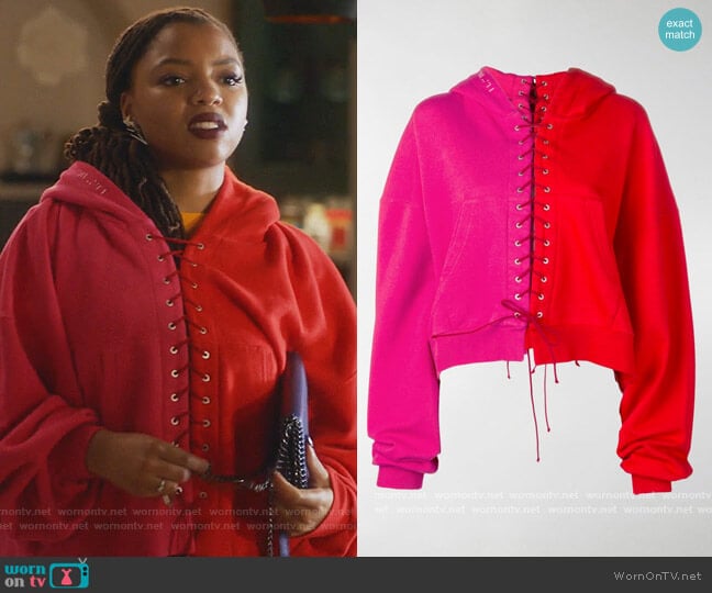 WornOnTV Jazlyn s red and pink lace up hoodie on Grown ish Chloe Bailey Clothes and Wardrobe from TV