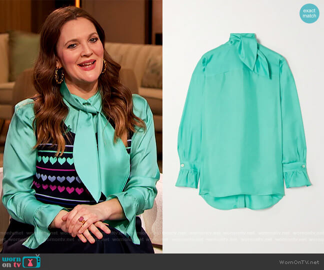 Tie-neck silk-twill blouse by Victoria Beckham worn by Drew Barrymore on The Drew Barrymore Show
