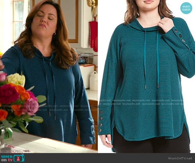 Plus Size Funnel Neck Button Cuff Waffle Knit Drawstring Top by Westbound worn by Katie Otto (Katy Mixon) on American Housewife