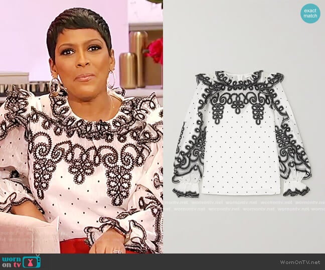 The Lovestruck Rope embroidered linen and silk-blend organza blouse by Zimmermann worn by Tamron Hall on Tamron Hall Show