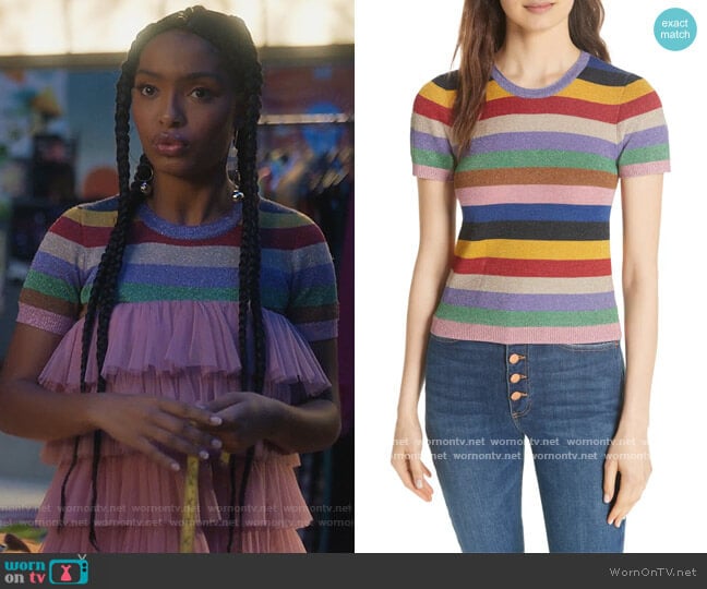 Baylor Stripe Top by Alice + Olivia worn by Zoey Johnson (Yara Shahidi) on Grown-ish