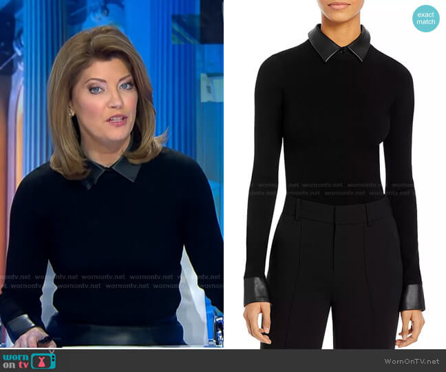 WornOnTV: Norah’s black sweater with leather collar on CBS Evening News ...