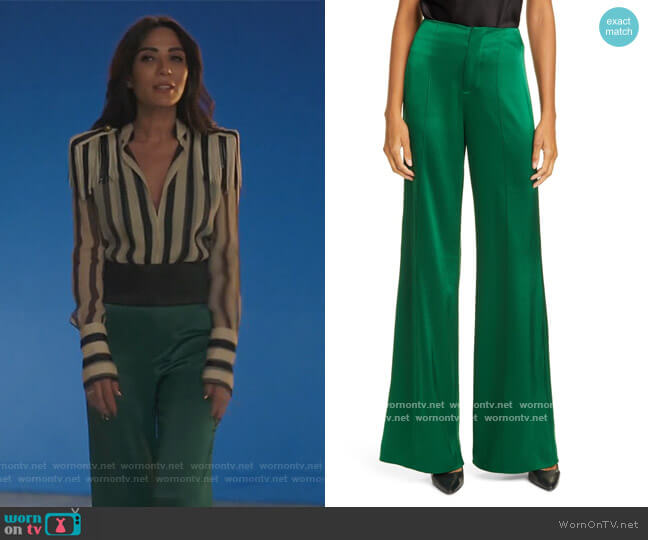 Dylan High Waist Wide Leg Satin Pants by Alice + Olivia worn by Hermione Lodge (Marisol Nichols) on Riverdale