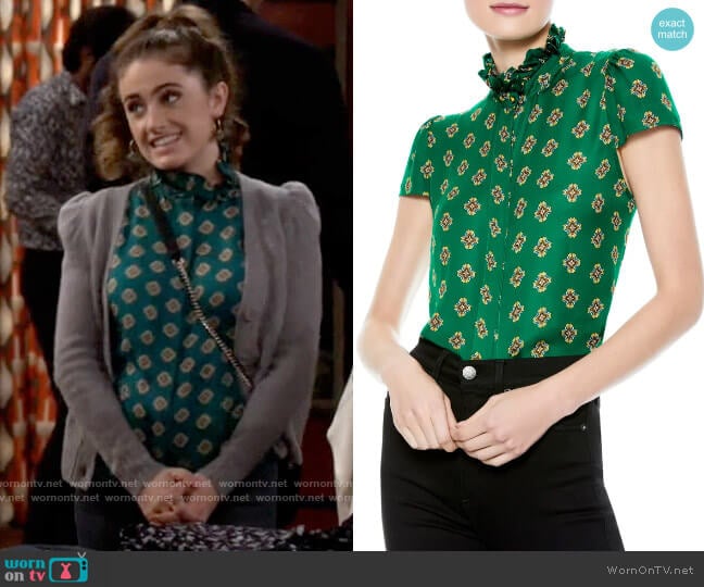 Alice + Olivia Juliette Ruffle Mock Neck Blouse worn by Jackie Raines (Rachel Sennott) on Call Your Mother