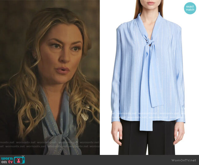 Metallic Stripe Tie Neck Blouse by Altuzarra worn by Alice Cooper (Mädchen Amick) on Riverdale