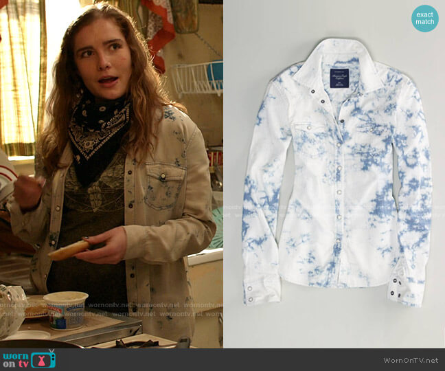 Tie-Dye Chambray Western Shirt by American Eagle worn by Sandy Milkovich (Elise Eberle) on Shameless