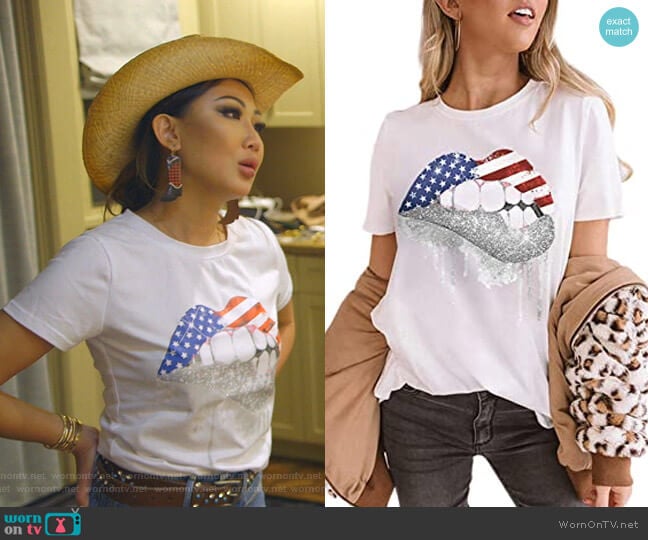 American Flag Lips Print Tee at Amazon worn by Tiffany Moon on The Real Housewives of Dallas