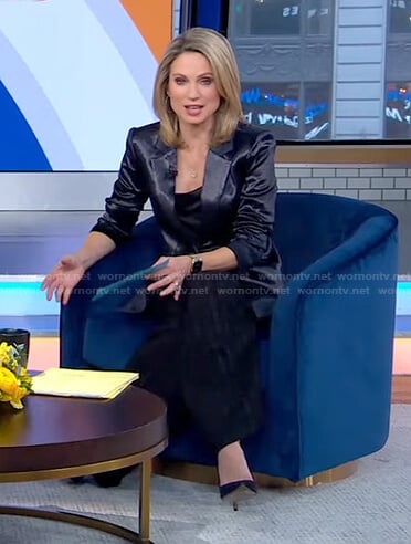 Amy’s navy satin blazer and wide-leg pants on Good Morning America
